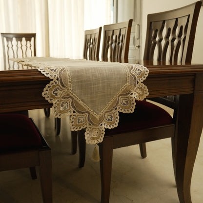 Elegant Lace Table Runner with Scalloped Border & Tassels