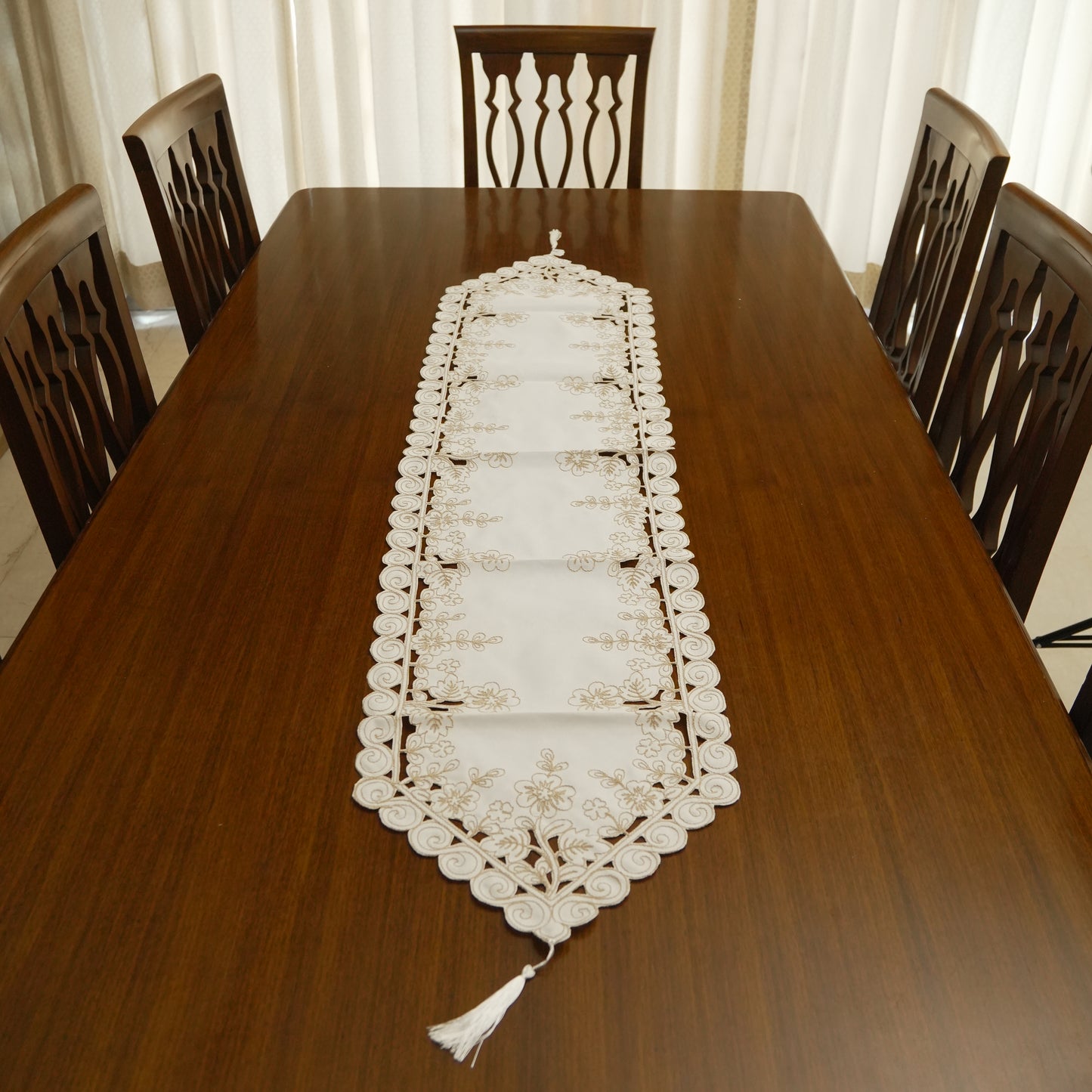 Elegant Embroidered Table Runner with Cutwork Border & Tassels
