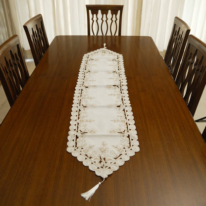 Elegant Embroidered Table Runner with Cutwork Border & Tassels