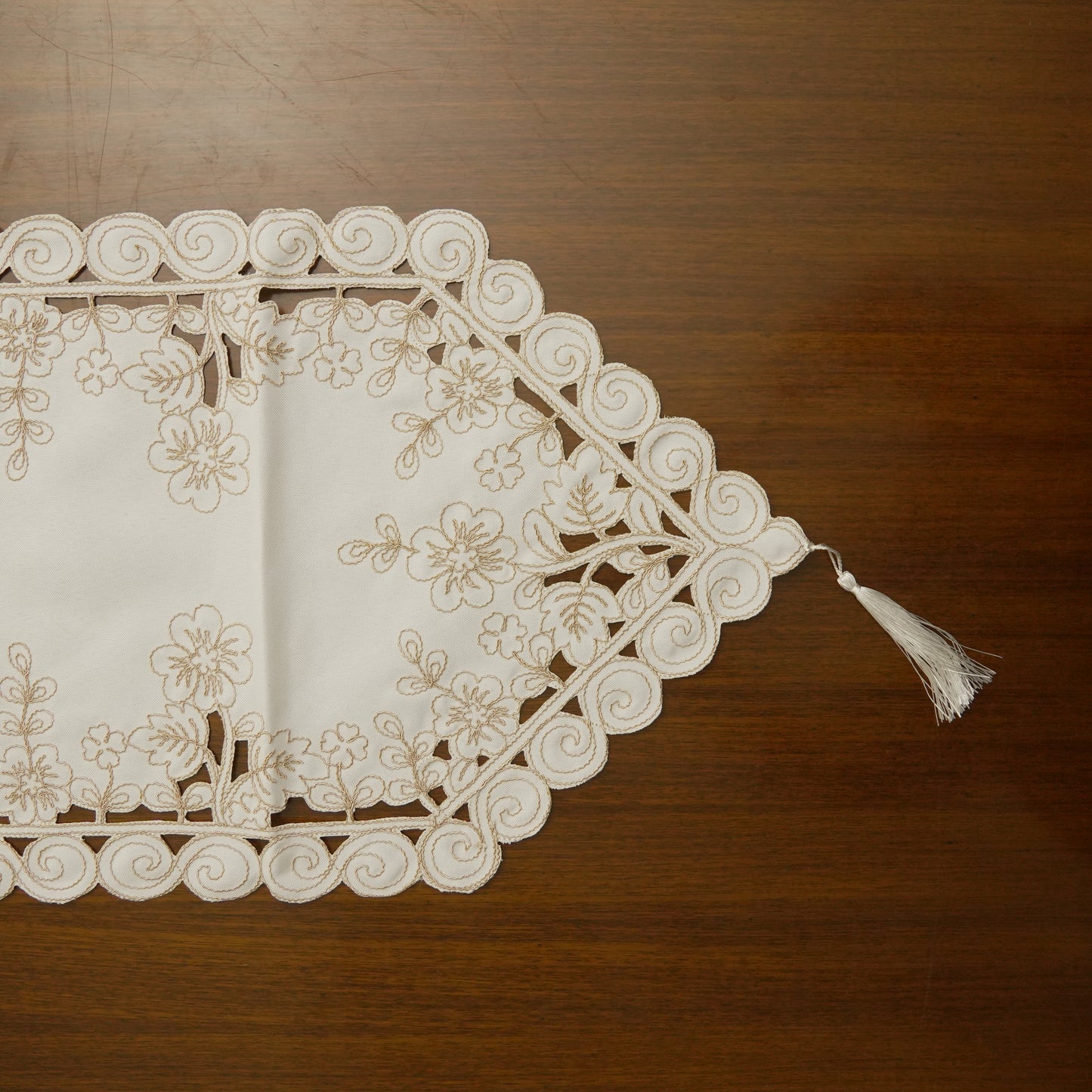 Elegant Embroidered Table Runner with Cutwork Border & Tassels