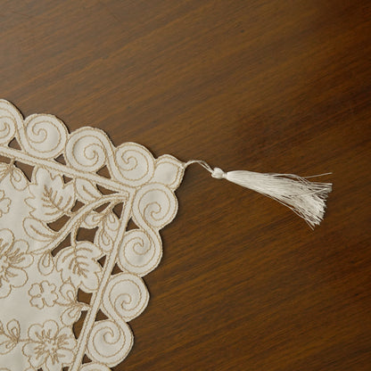 Elegant Embroidered Table Runner with Cutwork Border & Tassels