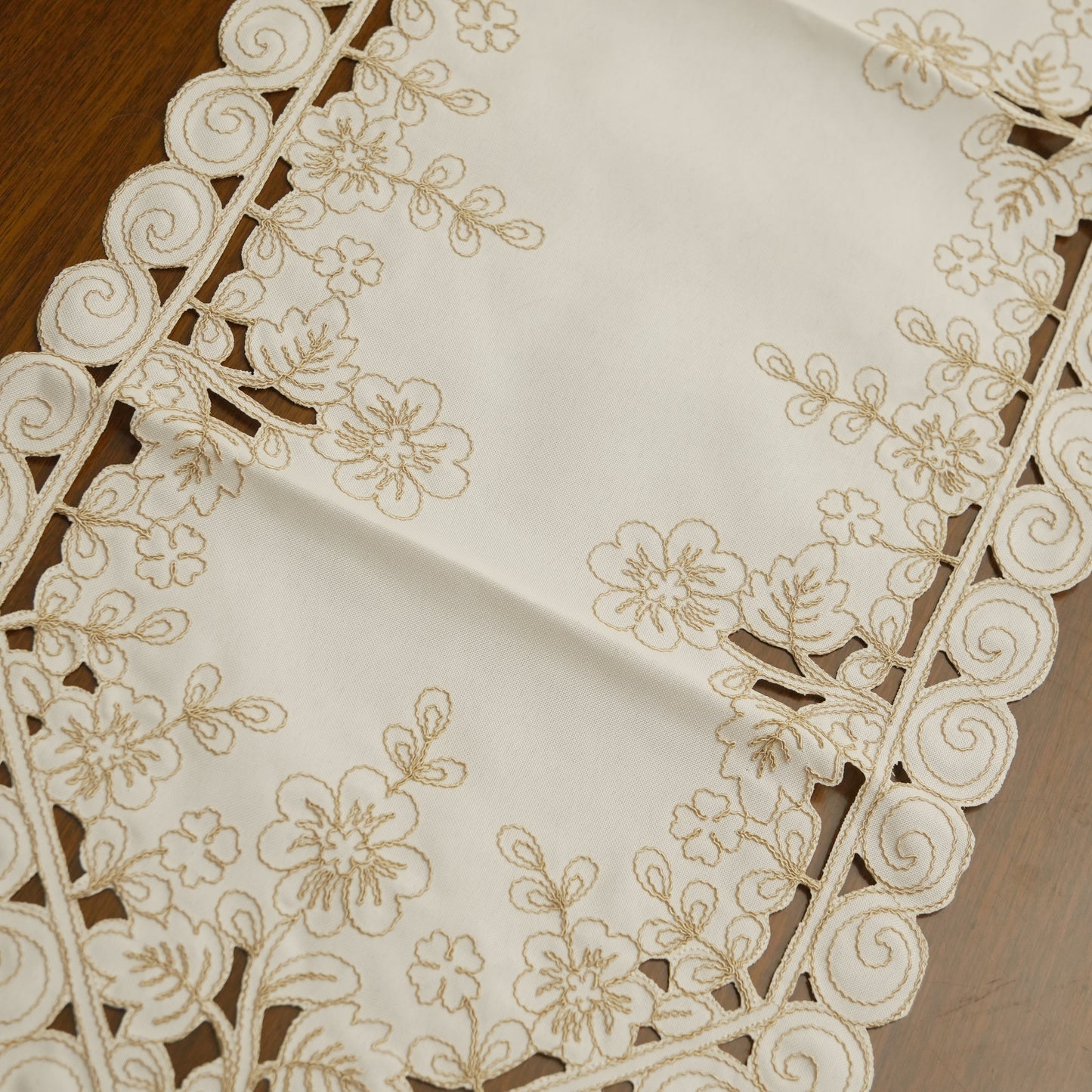 Elegant Embroidered Table Runner with Cutwork Border & Tassels