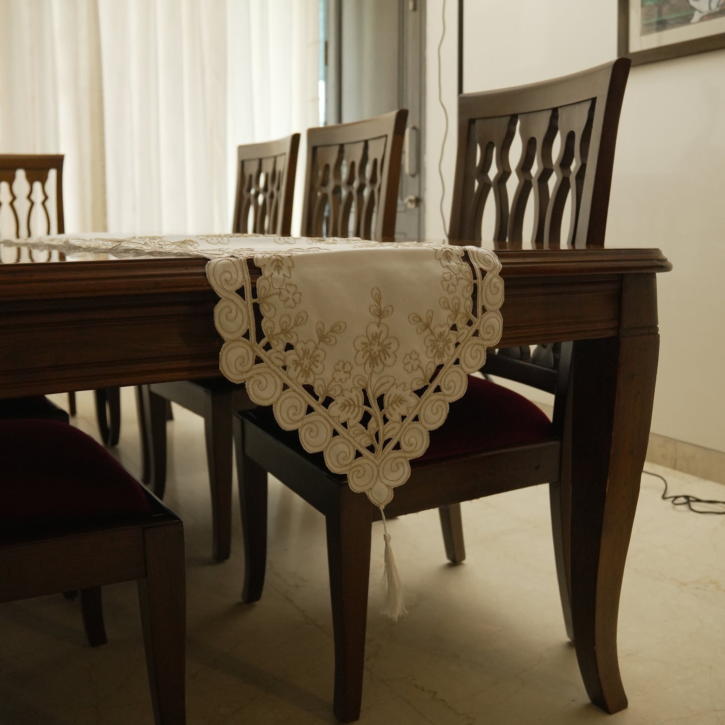 Elegant Embroidered Table Runner with Cutwork Border & Tassels