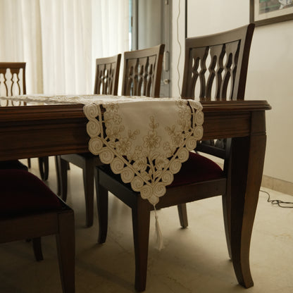 Elegant Embroidered Table Runner with Cutwork Border & Tassels