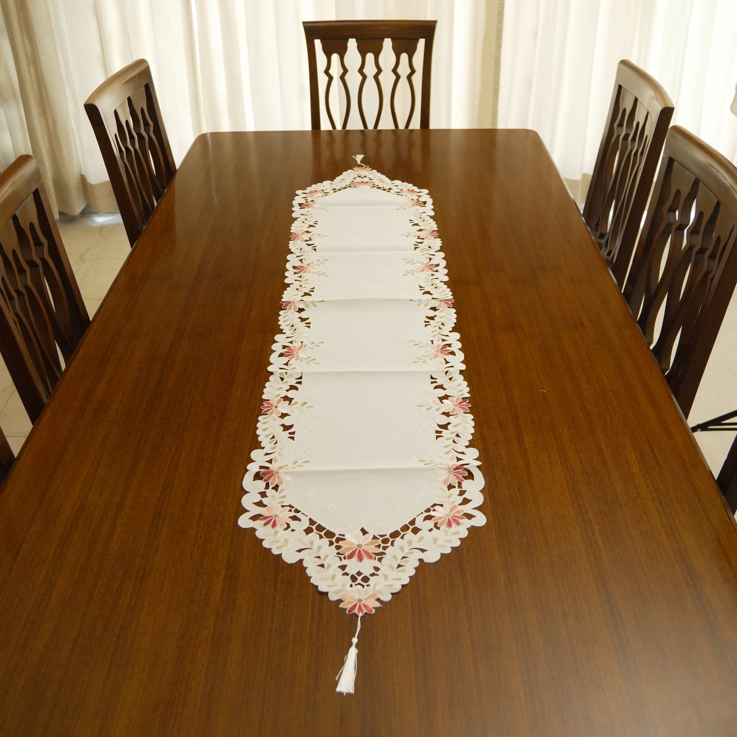 Elegant Floral Cutwork Table Runner with Tassels