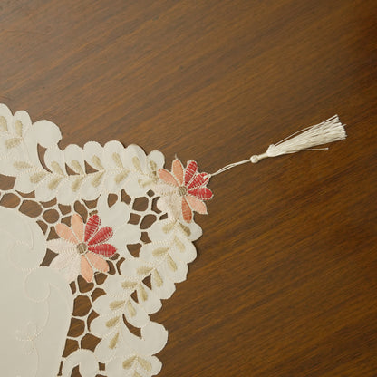 Elegant Floral Cutwork Table Runner with Tassels