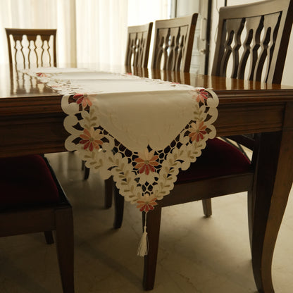 Elegant Floral Cutwork Table Runner with Tassels