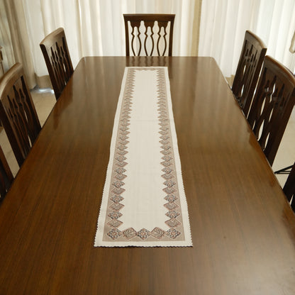 Premium White Long Table Runner with Geometric Woven Border