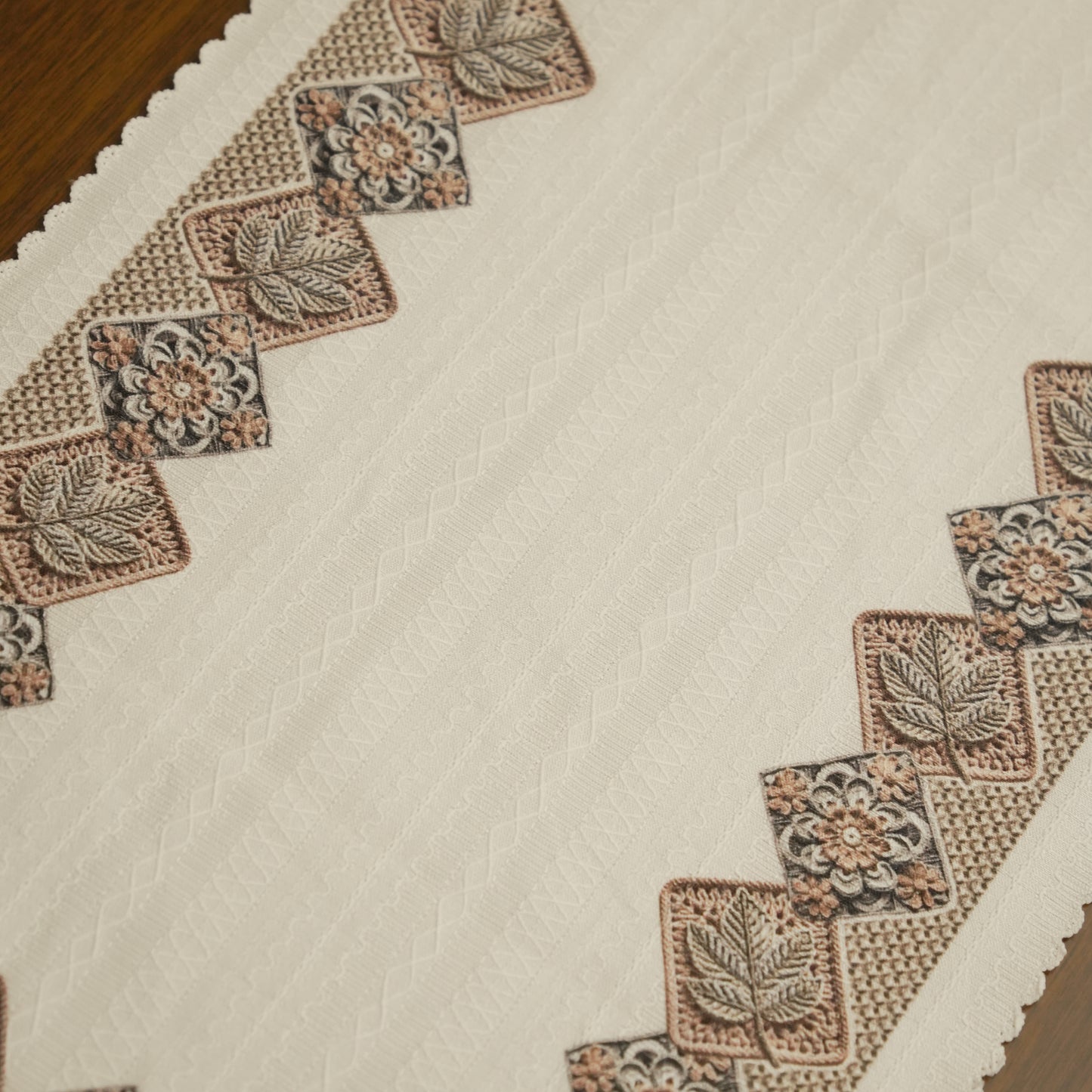 Premium White Long Table Runner with Geometric Woven Border