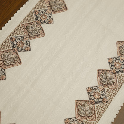 Premium White Long Table Runner with Geometric Woven Border