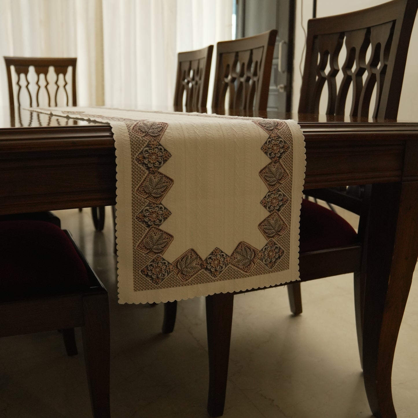 Premium White Long Table Runner with Geometric Woven Border