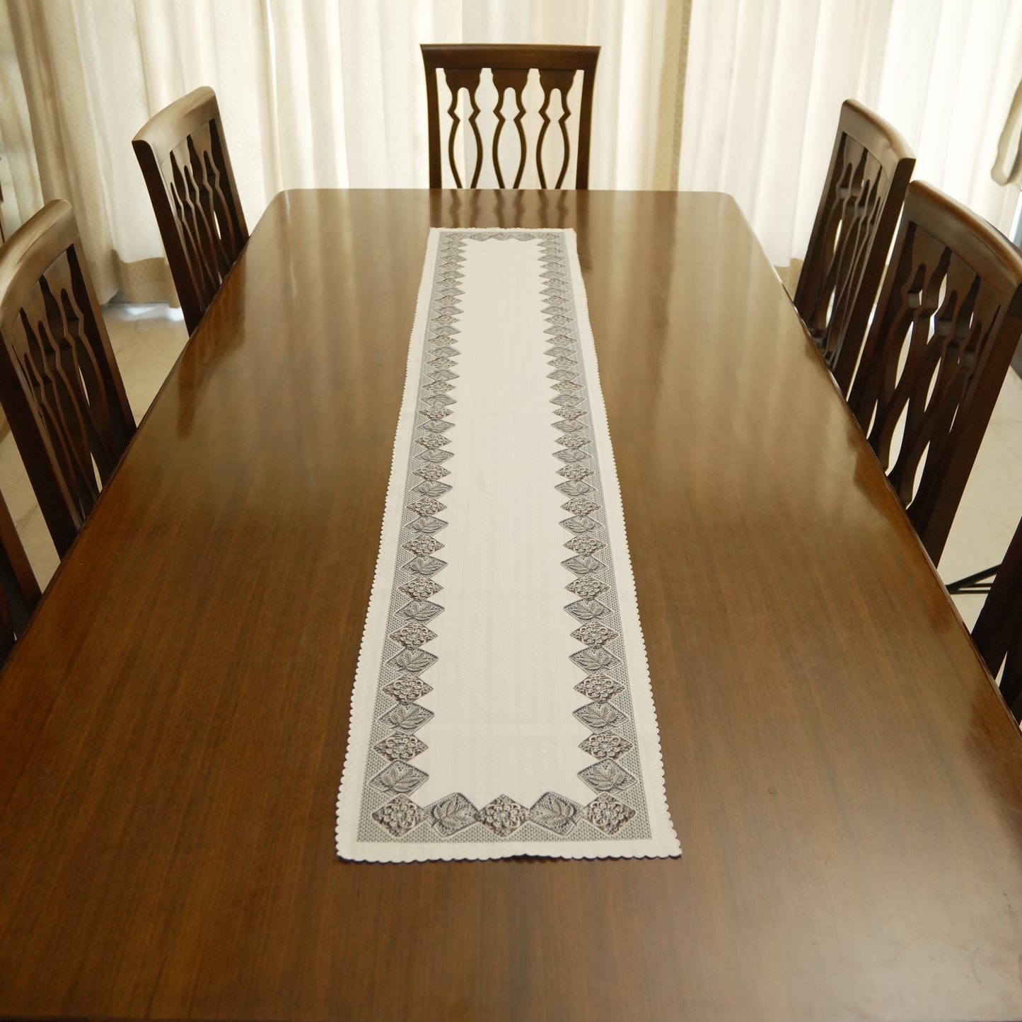 Classic Embroidered Long Table Runner with Geometric Border
