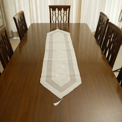 Minimalist Sheer White Long Table Runner with Floral Embroidery & Tassels