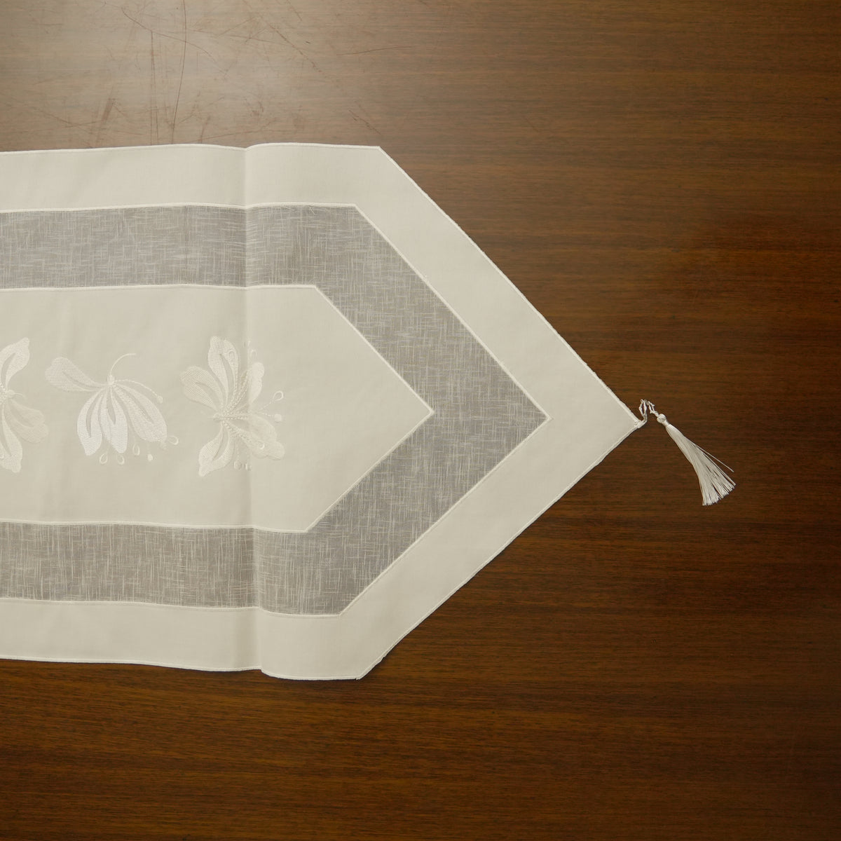 Minimalist Sheer White Long Table Runner with Floral Embroidery & Tassels