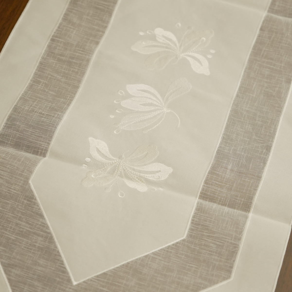 Minimalist Sheer White Long Table Runner with Floral Embroidery & Tassels