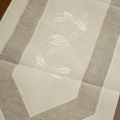Minimalist Sheer White Long Table Runner with Floral Embroidery & Tassels