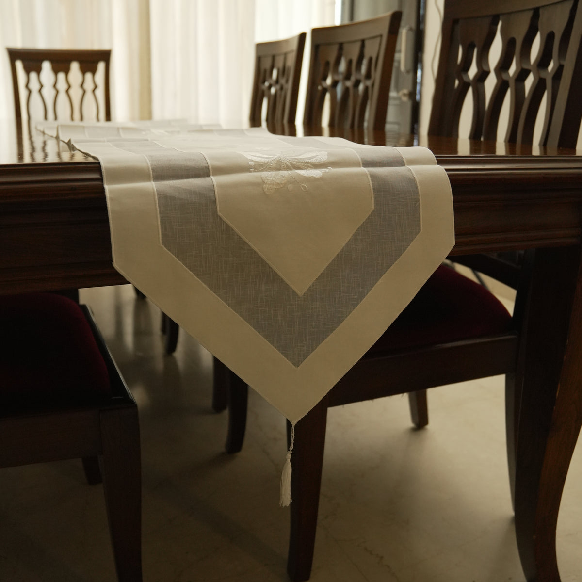 Minimalist Sheer White Long Table Runner with Floral Embroidery & Tassels