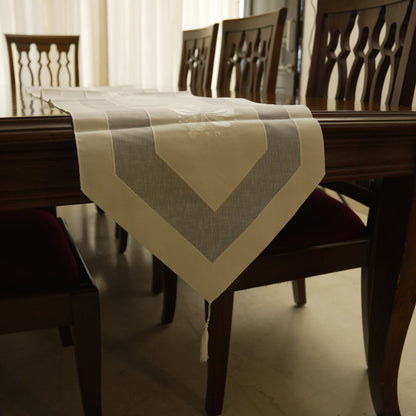 Minimalist Sheer White Long Table Runner with Floral Embroidery & Tassels