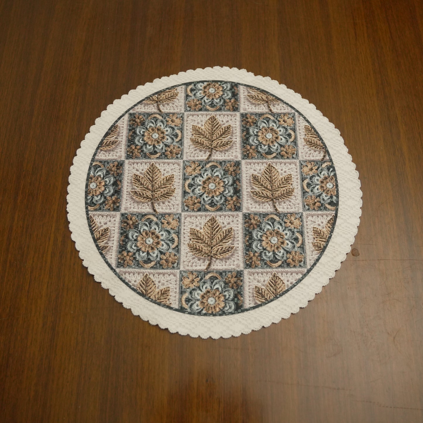 Round Floral & Leaf Jacquard Table Mat with Lace Border (Set of 4)