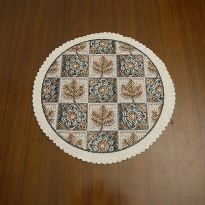 Round Floral & Leaf Jacquard Table Mat with Lace Border (Set of 4)
