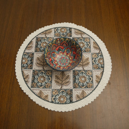 Round Floral & Leaf Jacquard Table Mat with Lace Border (Set of 4)