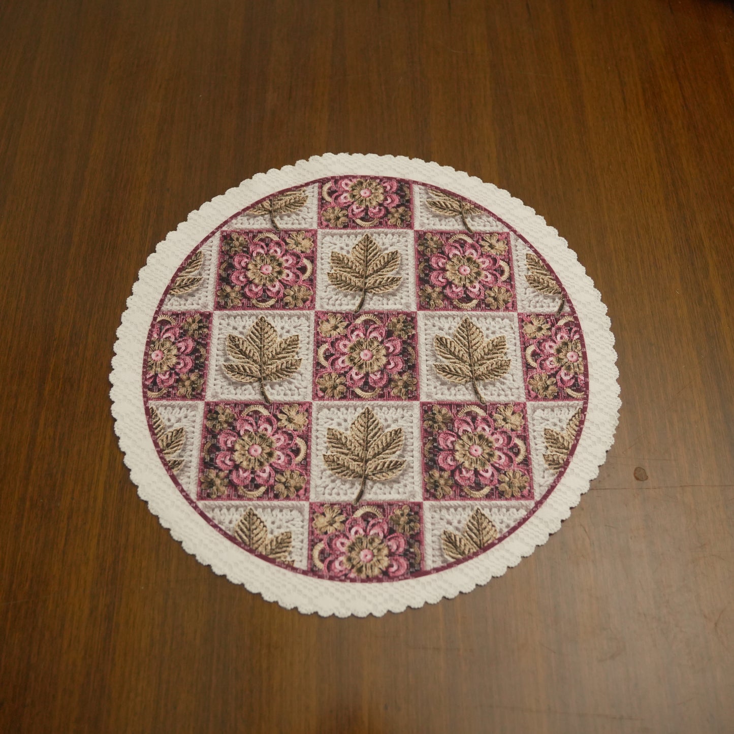 Round Floral & Leaf Jacquard Table Mat with Lace Border (Set of 4)