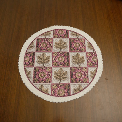 Round Floral & Leaf Jacquard Table Mat with Lace Border (Set of 4)