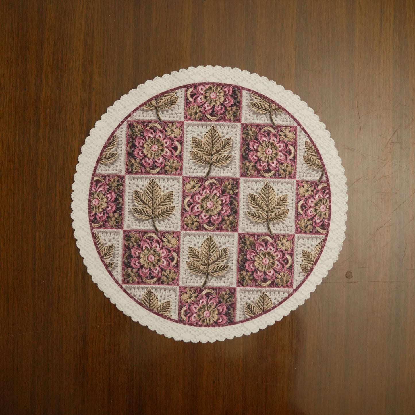 Round Floral & Leaf Jacquard Table Mat with Lace Border (Set of 4)