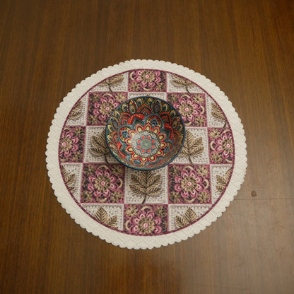 Round Floral & Leaf Jacquard Table Mat with Lace Border (Set of 4)