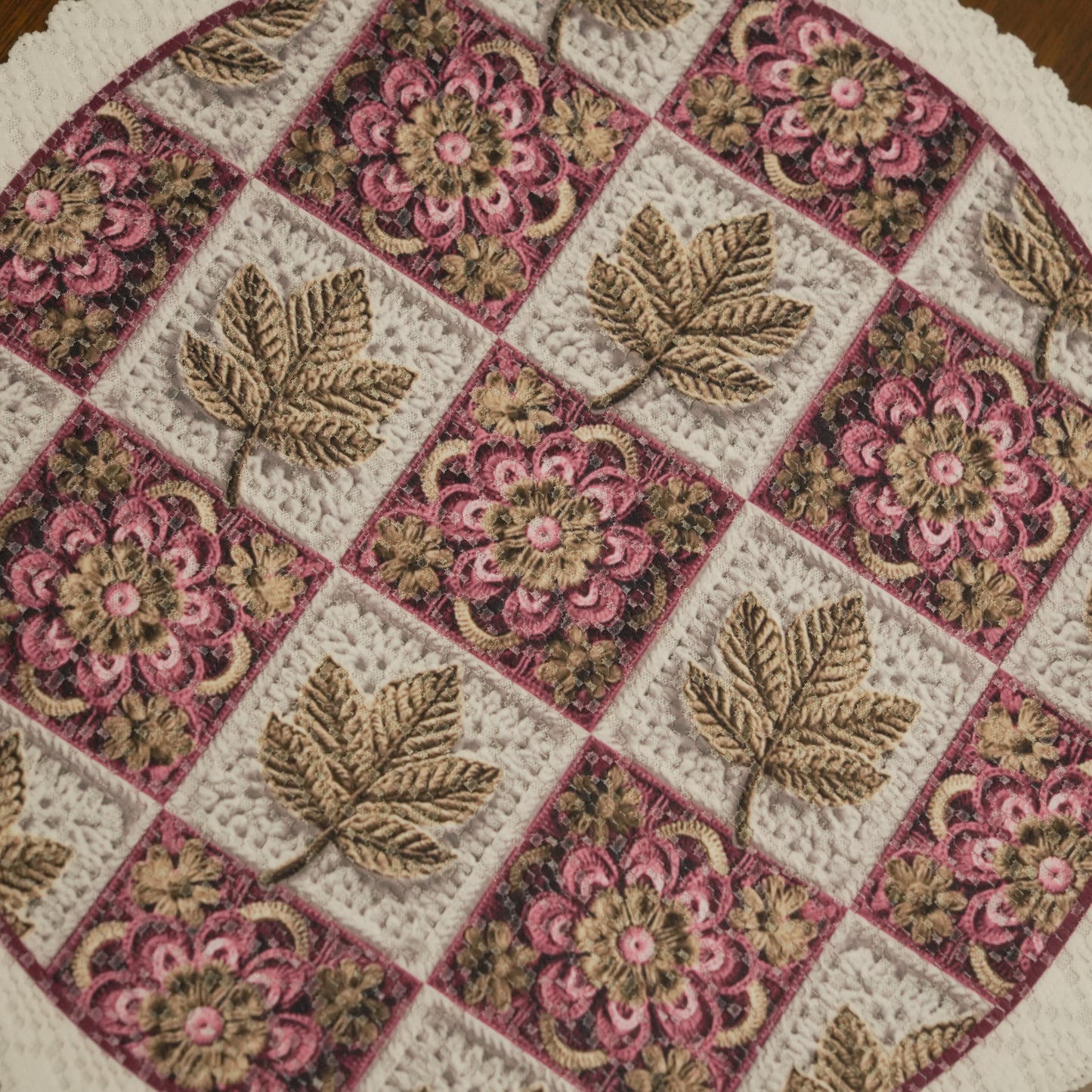 Round Floral & Leaf Jacquard Table Mat with Lace Border (Set of 4)