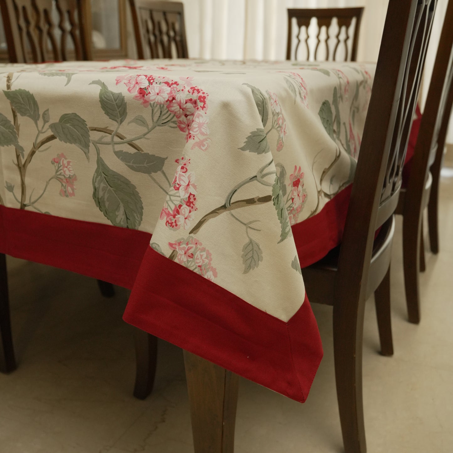 Botanical Blossom Printed Table Cover with Maroon Border (6 Seater)