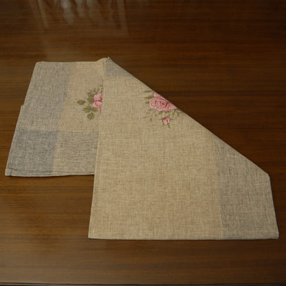 Premium Linen Look Pink Rose Embroidered Table Cover (6 Seater)