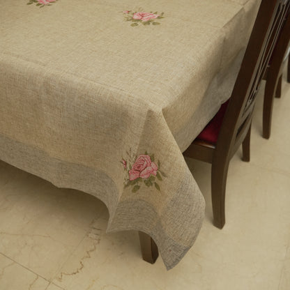 Premium Linen Look Pink Rose Embroidered Table Cover (6 Seater)