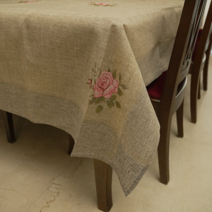 Premium Linen Look Pink Rose Embroidered Table Cover (6 Seater)