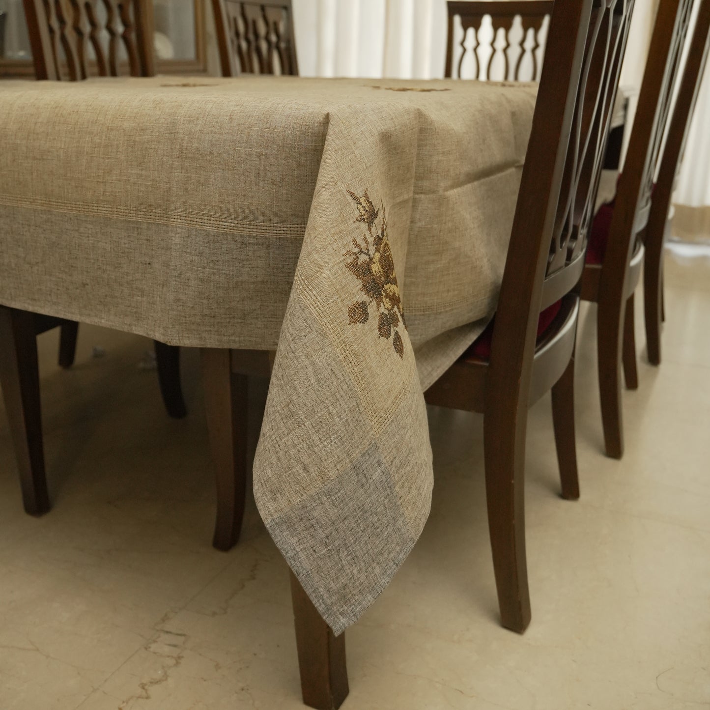 Premium Linen Look Embroidered Table Cover (6 Seater)