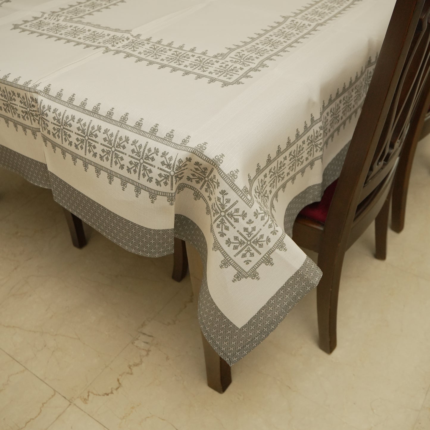 Premium White & Grey Geometric Border Table Cover (6 Seater)