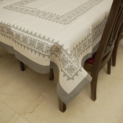 Premium White & Grey Geometric Border Table Cover (6 Seater)