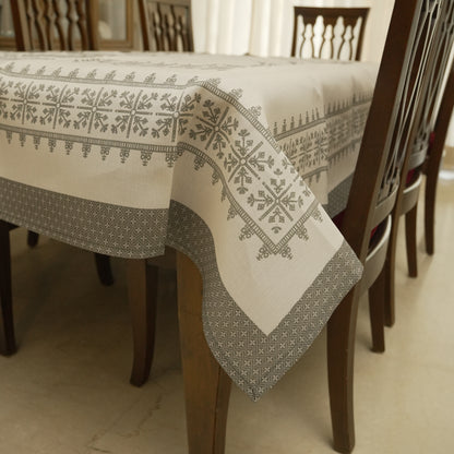 Premium White & Grey Geometric Border Table Cover (6 Seater)