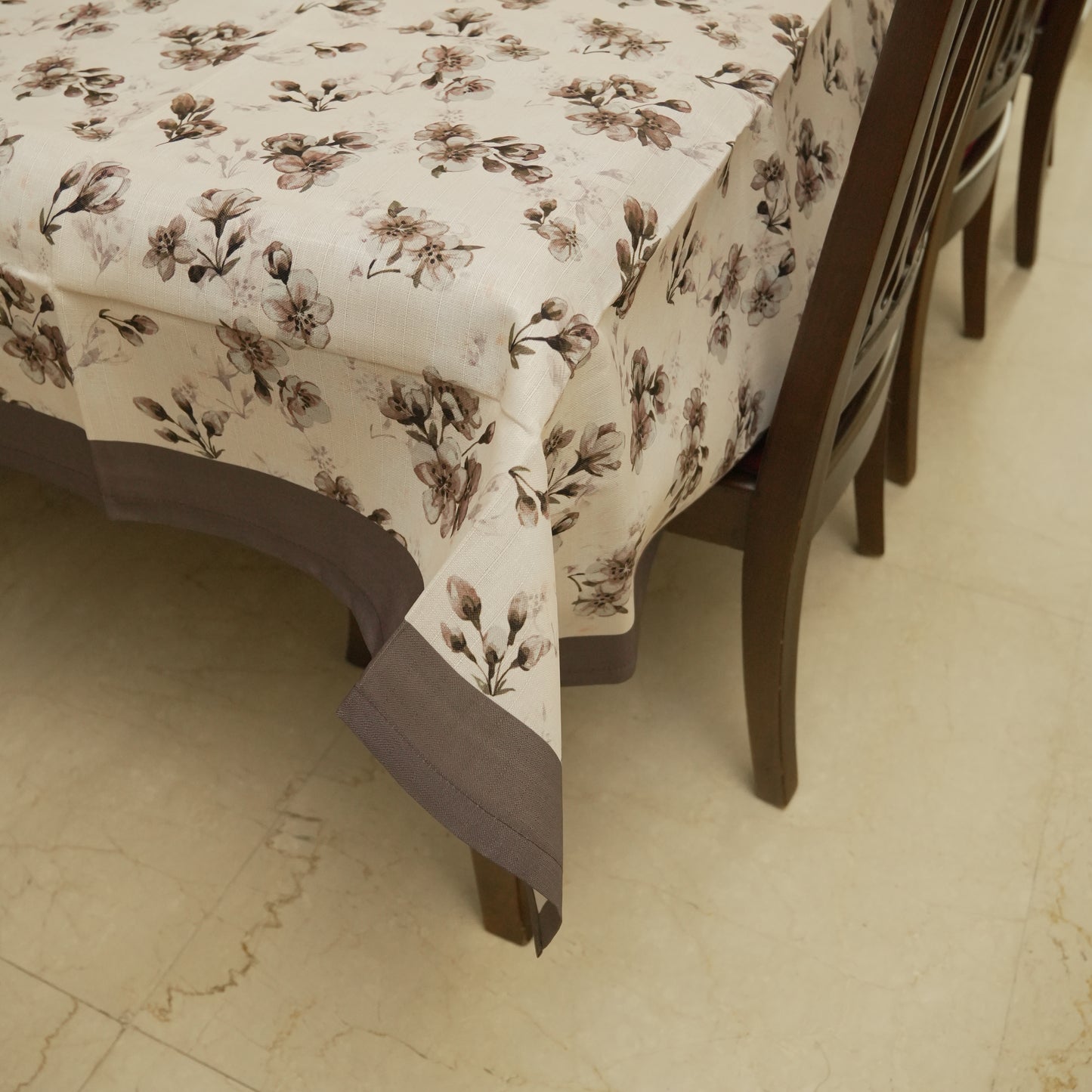 Elegant Blossom Printed Table Cover with Charcoal Border (6 Seater)
