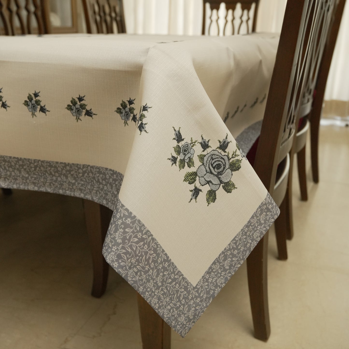 Elegant Grey Rose Printed Table Cover (6 Seater)