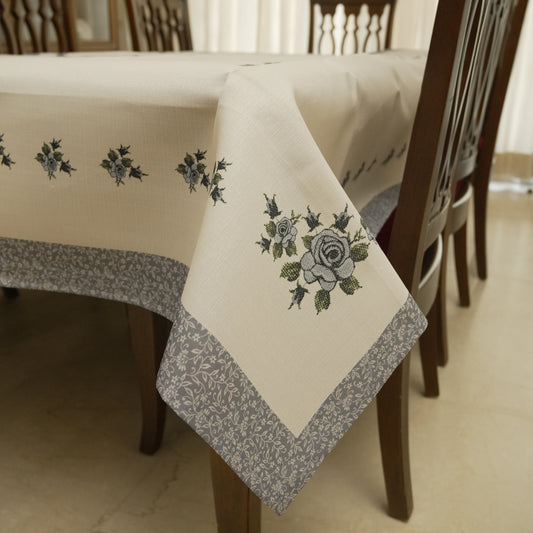 Elegant Grey Rose Printed Table Cover (6 Seater)