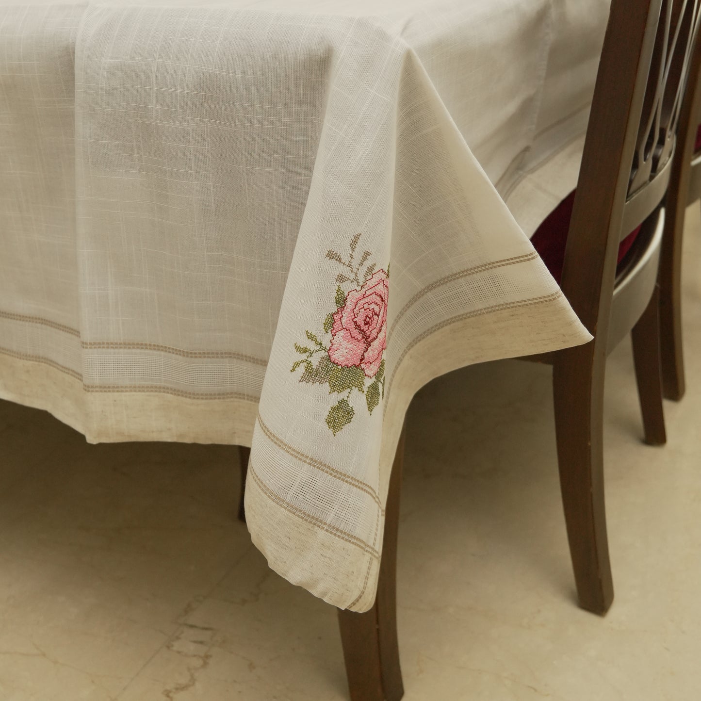 Premium Linen Embroidered Rose Table Cover (10 Seater)