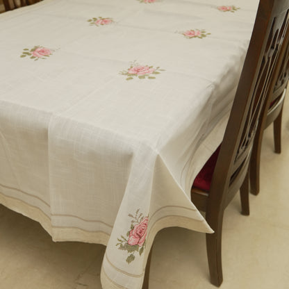 Premium Linen Embroidered Rose Table Cover (10 Seater)