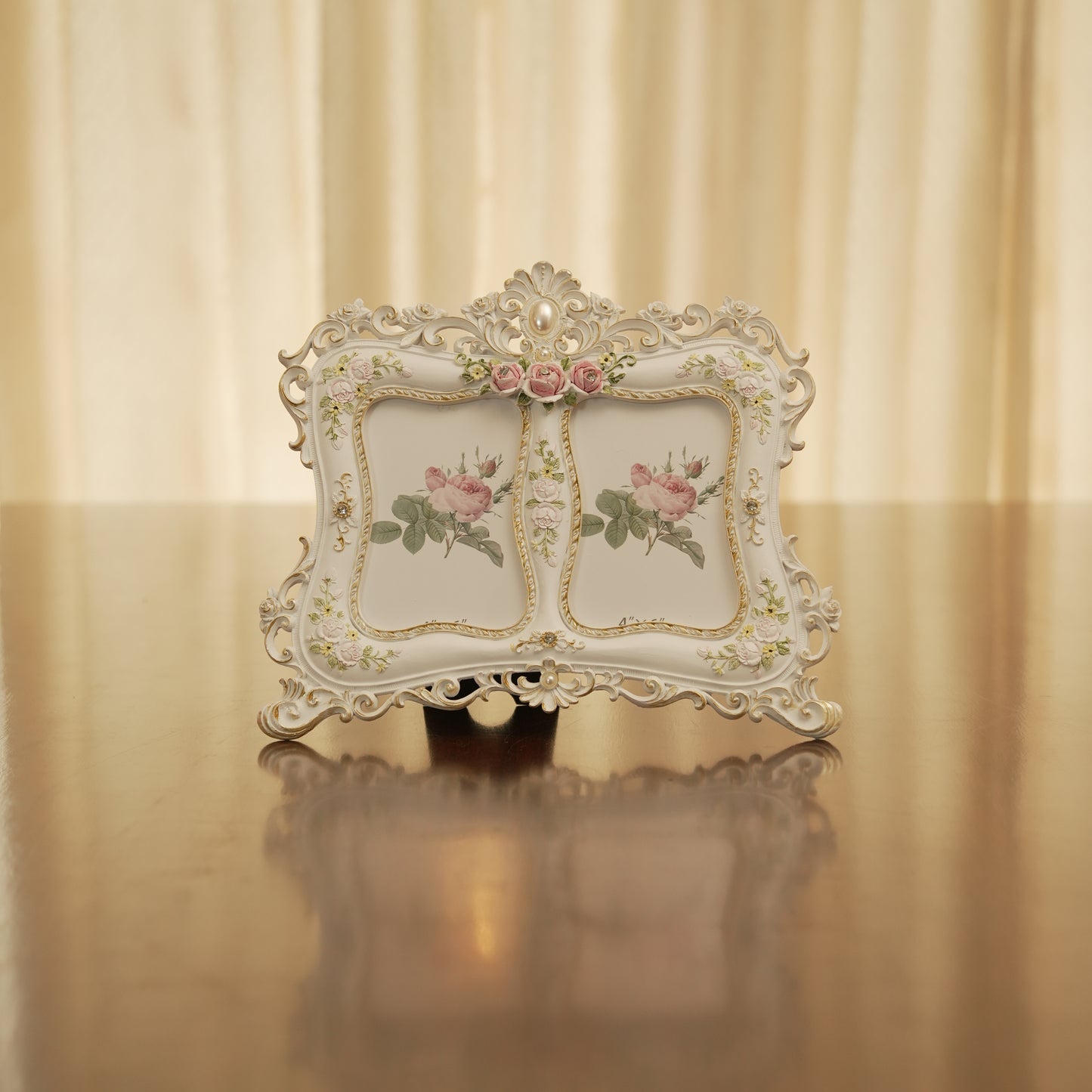 Luxury Victorian White & Gold Dual Photo Frame with Rose Accents