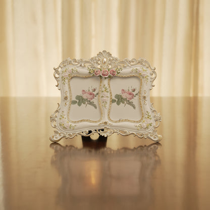 Luxury Victorian White & Gold Dual Photo Frame with Rose Accents