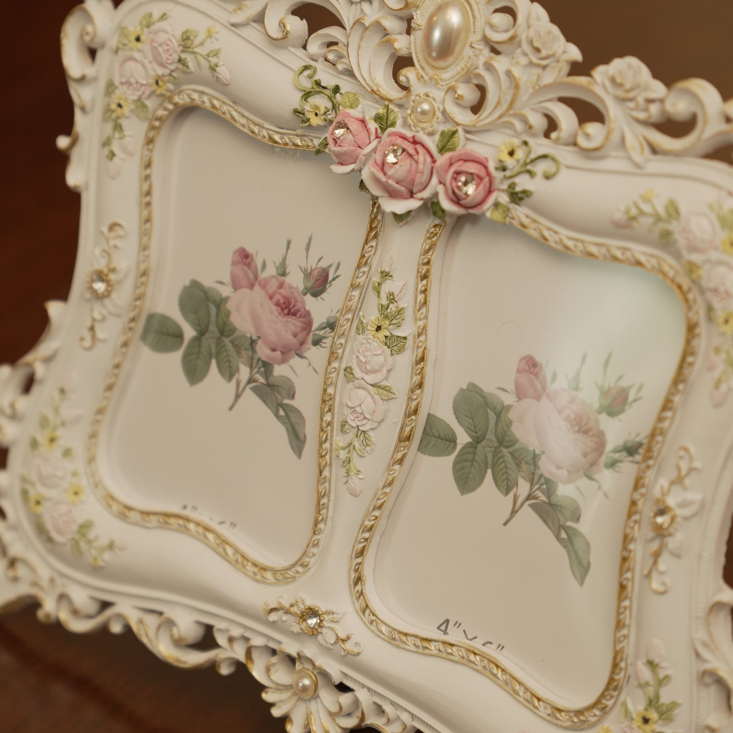Luxury Victorian White & Gold Dual Photo Frame with Rose Accents