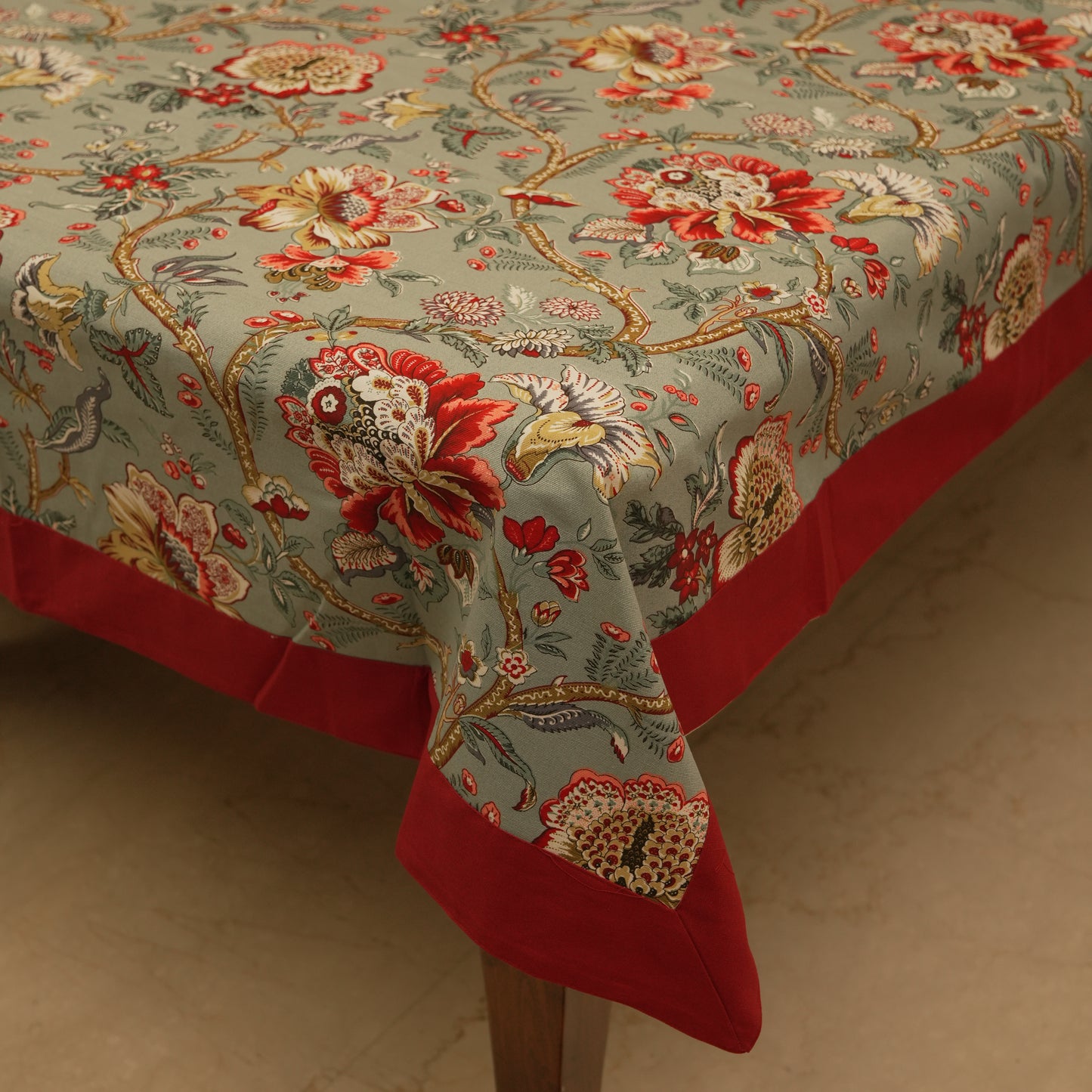 Elegant Sage Green Floral Tablecloth with Classic Red Trim