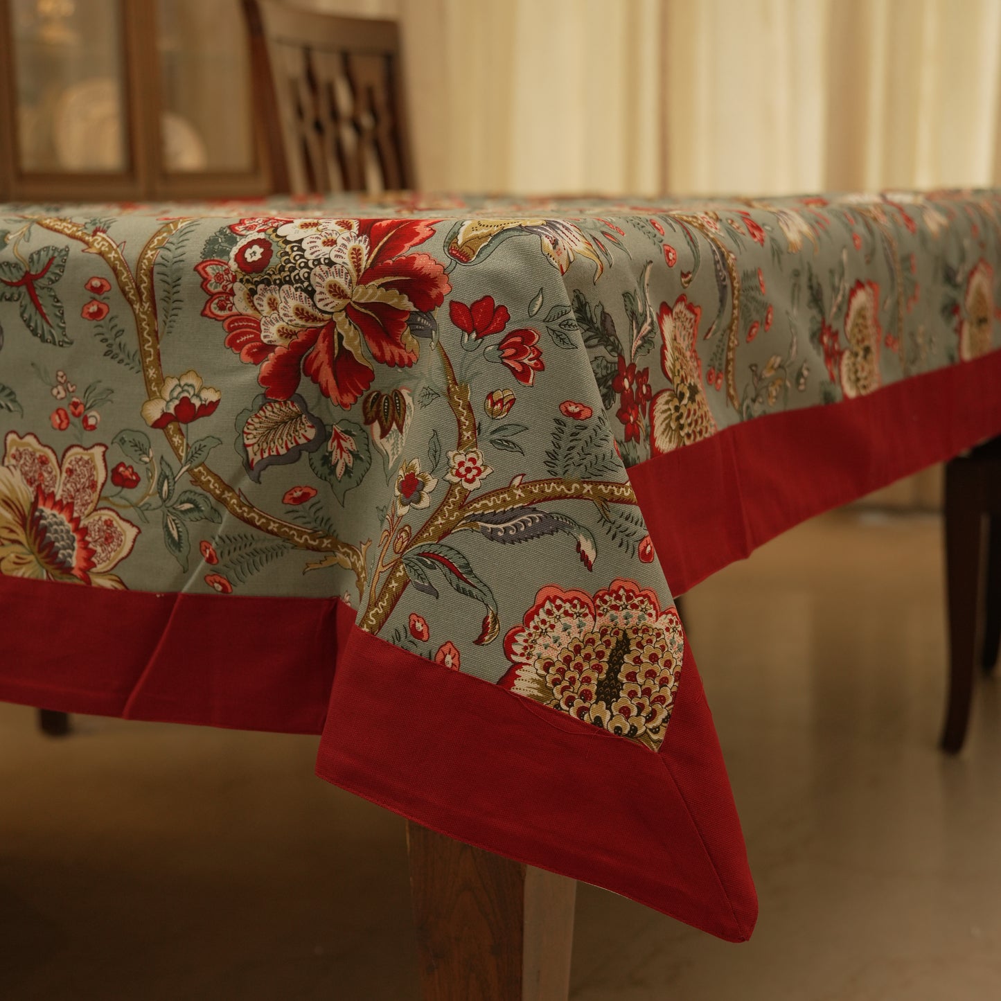 Elegant Sage Green Floral Tablecloth with Classic Red Trim