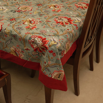 Elegant Sage Green Floral Tablecloth with Classic Red Trim