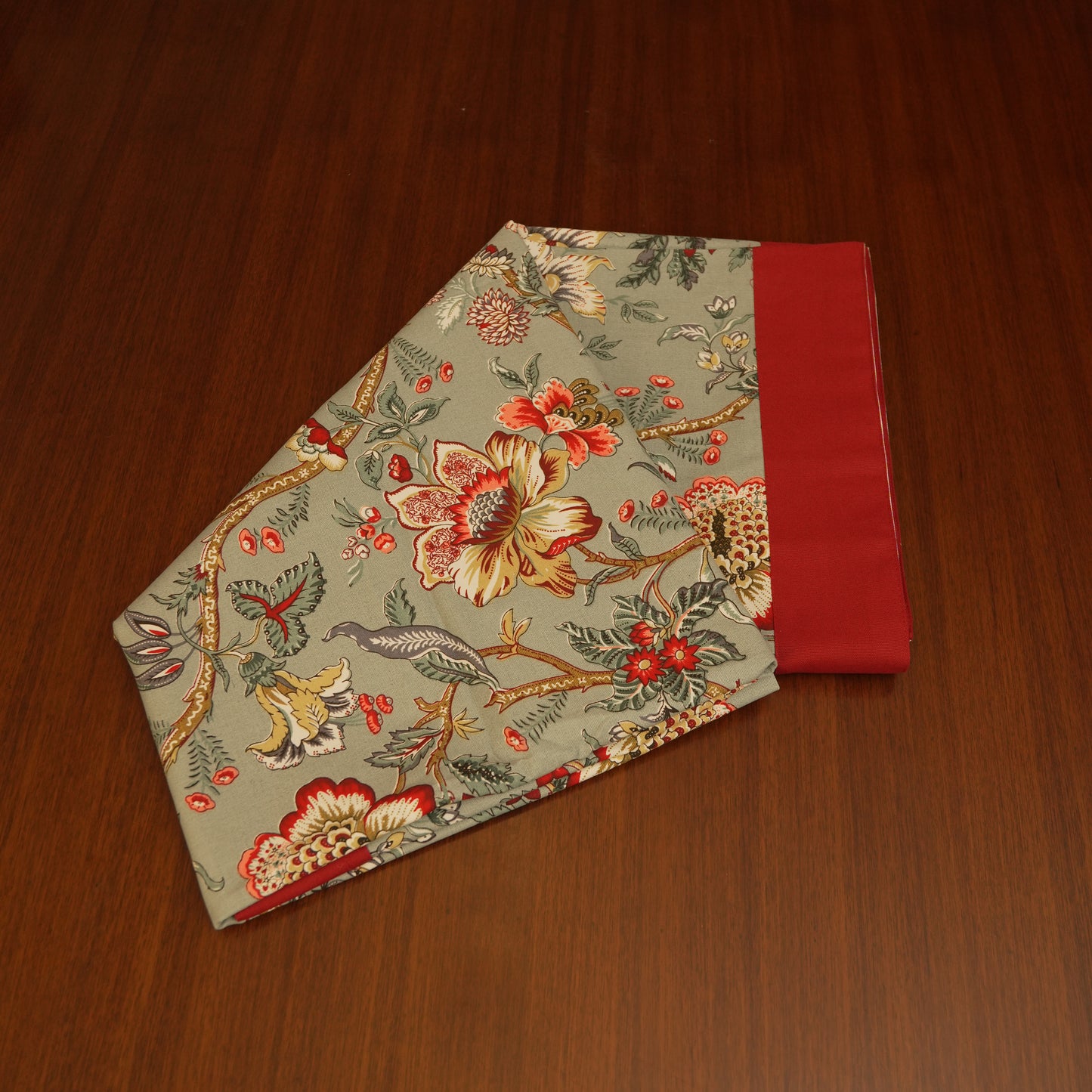 Elegant Sage Green Floral Tablecloth with Classic Red Trim